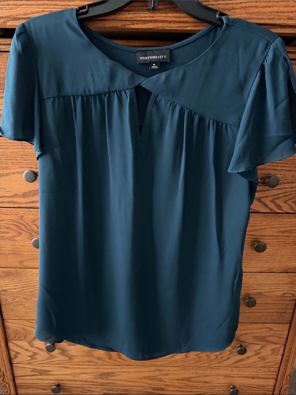 Fortune & Ivy Teal Short-Sleeve Keyhole Blouse